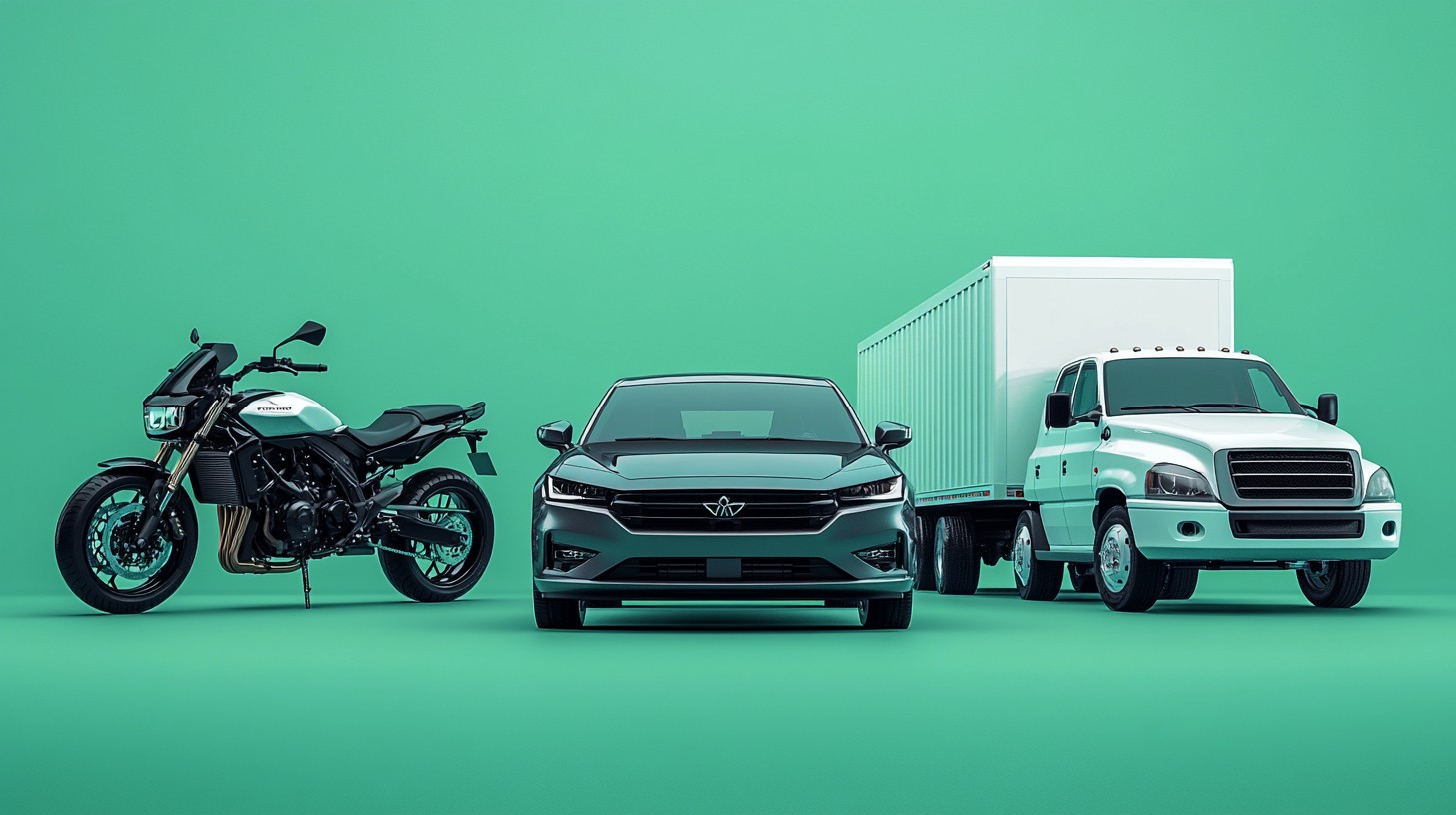 Uma moto, um sedã e um caminhão lado a lado